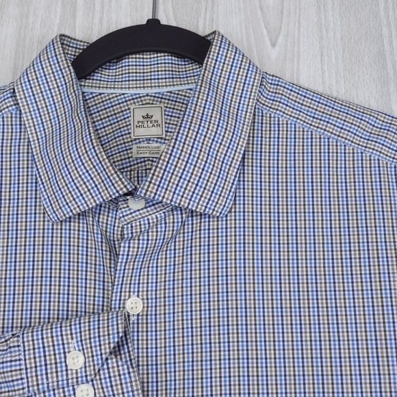 Peter Millar Other - Peter‎ Millar Nanoluxe Shirt Mens 17.5 Blue Brown Check Extra Long Button-Down